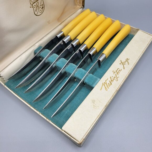 Vtg MCM Washington Forge Steak Knife Set Bakelite Yellow Handles Original Box - Picture 8 of 14